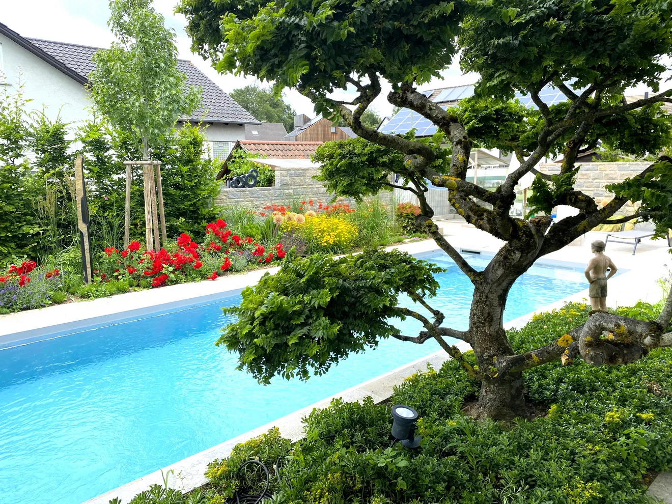 Realisierter Garten mit Pool und Naturstein