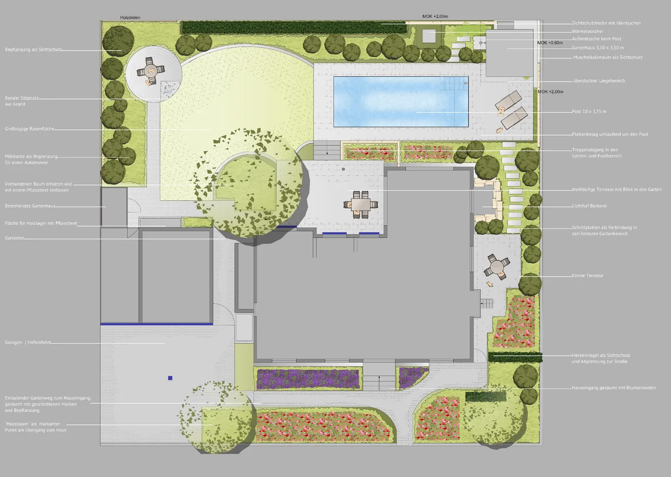 Gartenplanung mit Pool und Naturstein, Grundstück: ca. 450m²