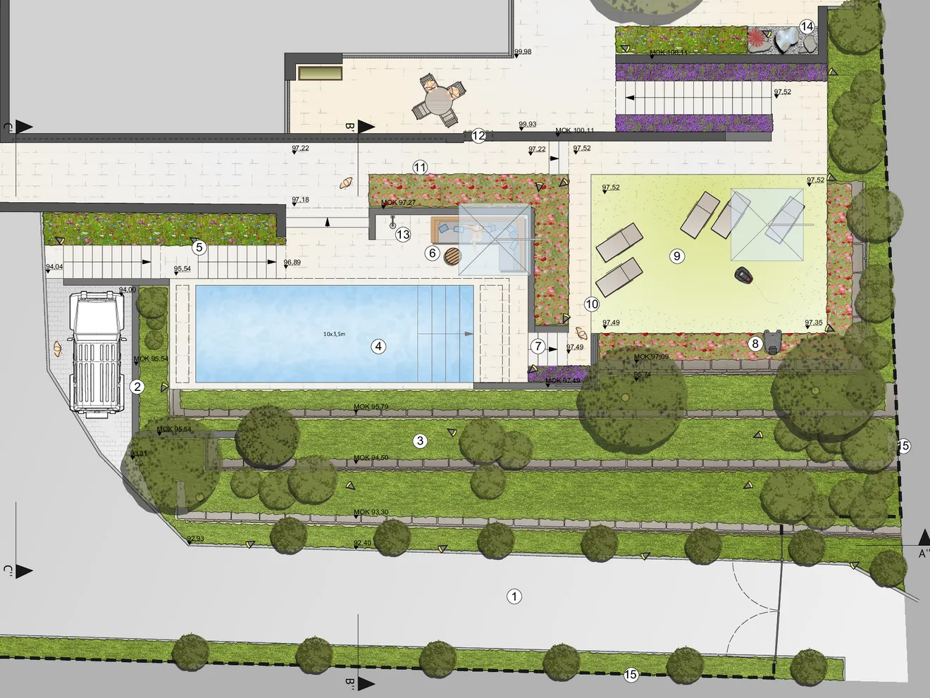 Gartenplanung für einen Hanggarten mit Pool, 350 m²
